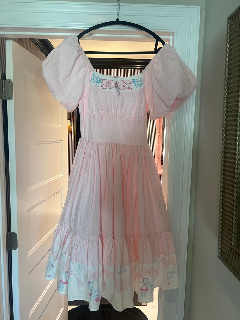 Disney Pink Puff-Sleeve Midi Dress with Embroidered Bodice